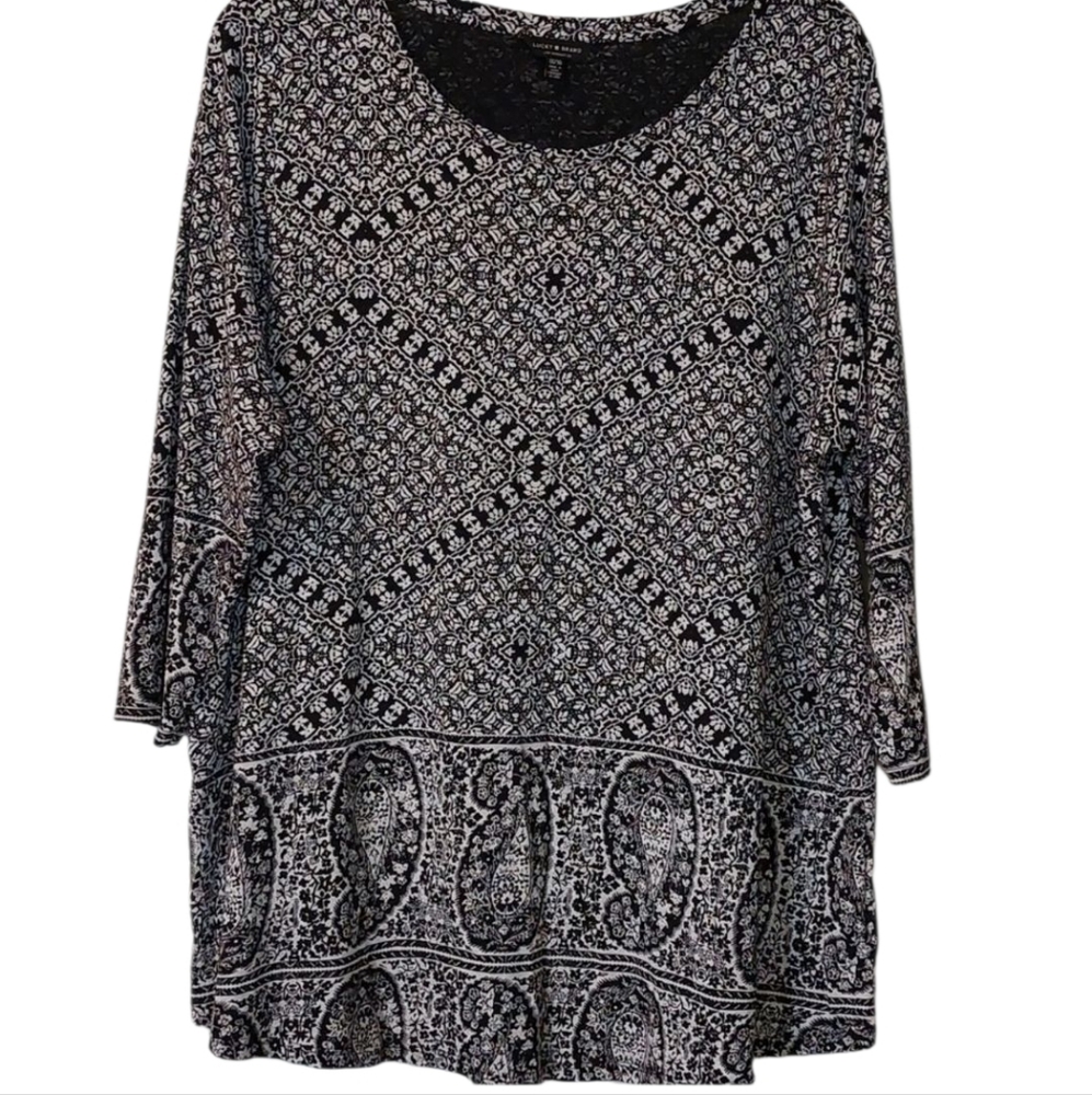 Lucky Brand Boho Geometric Paisley Tunic Top Black And White 1X EUC